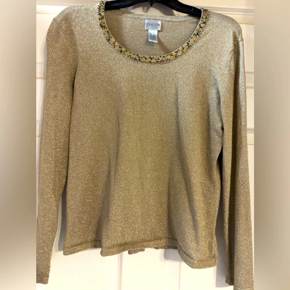 EUC Chico's‎ Women's Metallic Gold  Knitted Long Sleeves Top Size 2